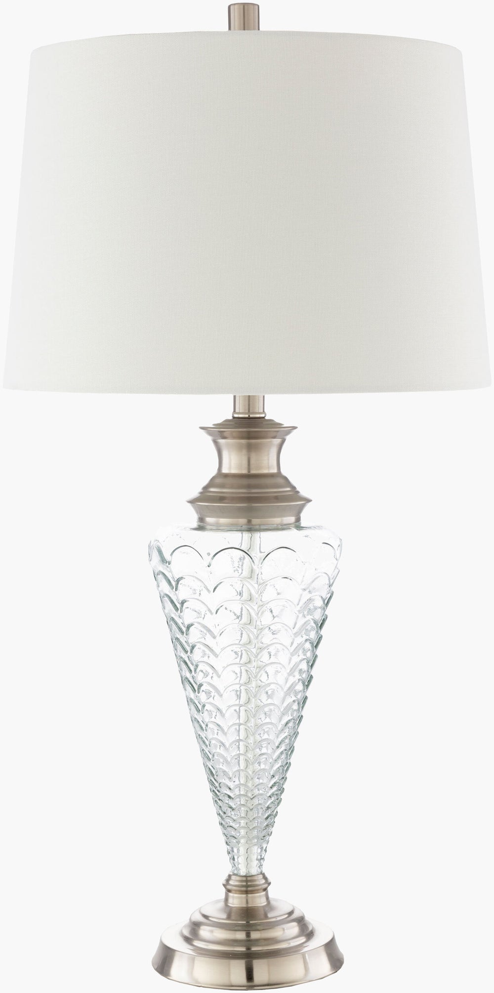 Surya Felicia Accent Table Lamp - 29" Tall Glass Body, Sturdy Metal Base, Modern Elegance For Any Room Body, Clear,Base, Metallic ,Brass,Shade, White,Finial, Metallic ,Brass,Harp, Metallic ,Brass,Cord, Translucent Glass,Iron,Linen,Polyester,Iron Fca-001