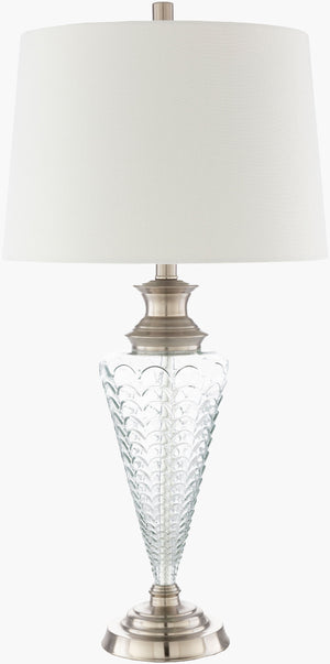 Surya Felicia Accent Table Lamp - 29" Tall Glass Body, Sturdy Metal Base, Modern Elegance For Any Room Body, Clear,Base, Metallic ,Brass,Shade, White,Finial, Metallic ,Brass,Harp, Metallic ,Brass,Cord, Translucent Glass,Iron,Linen,Polyester,Iron Fca-001