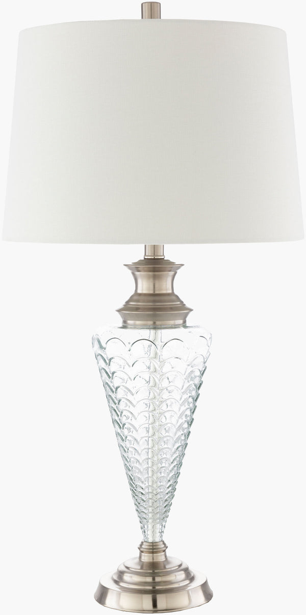 Surya Felicia Accent Table Lamp - 29" Tall Glass Body, Sturdy Metal Base, Modern Elegance For Any Room Body, Clear,Base, Metallic ,Brass,Shade, White,Finial, Metallic ,Brass,Harp, Metallic ,Brass,Cord, Translucent Glass,Iron,Linen,Polyester,Iron Fca-001