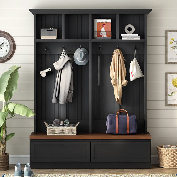 English Elm Rattan Door Hall Tree Bench with 6 Hooks Farmhouse Entryway Storage Black + Dark Walnut N721S000076B