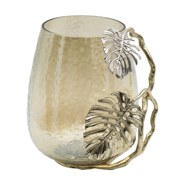 English Elm 9.8x8.5x10.8" Palm Motif Hurricane Holder Silver Aluminum Smoke Glass Mantel Decor W2078P490401