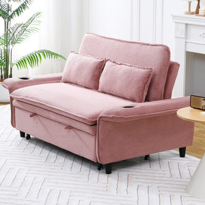English Elm 65.74-inch convertible letter sofa bed with adjustable armrests, pull-out extension, cup holders, durable frame and plush sponge cushions Pink W3371P311783