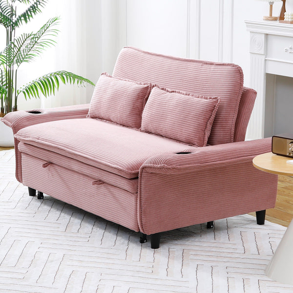 English Elm 65.74-inch convertible letter sofa bed with adjustable armrests, pull-out extension, cup holders, durable frame and plush sponge cushions Pink W3371P311783