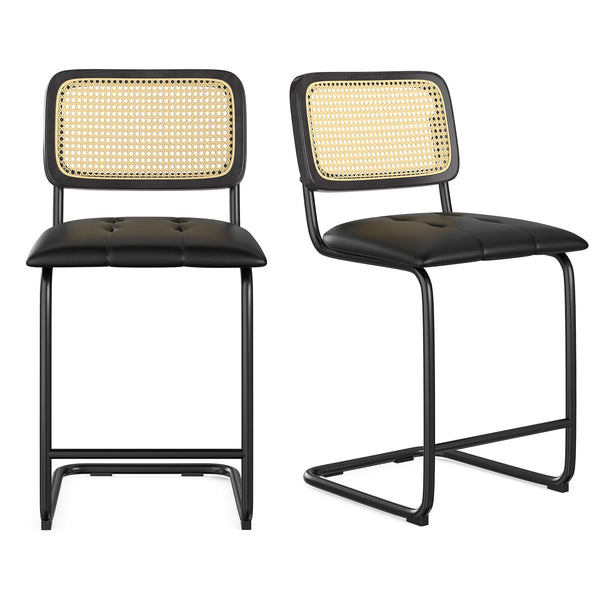 English Elm Farini Velvet Counter Height Bar Stools Set of 2 with Rattan Back, Cantilever Comfort & Floor Protectors Black T3623P354965