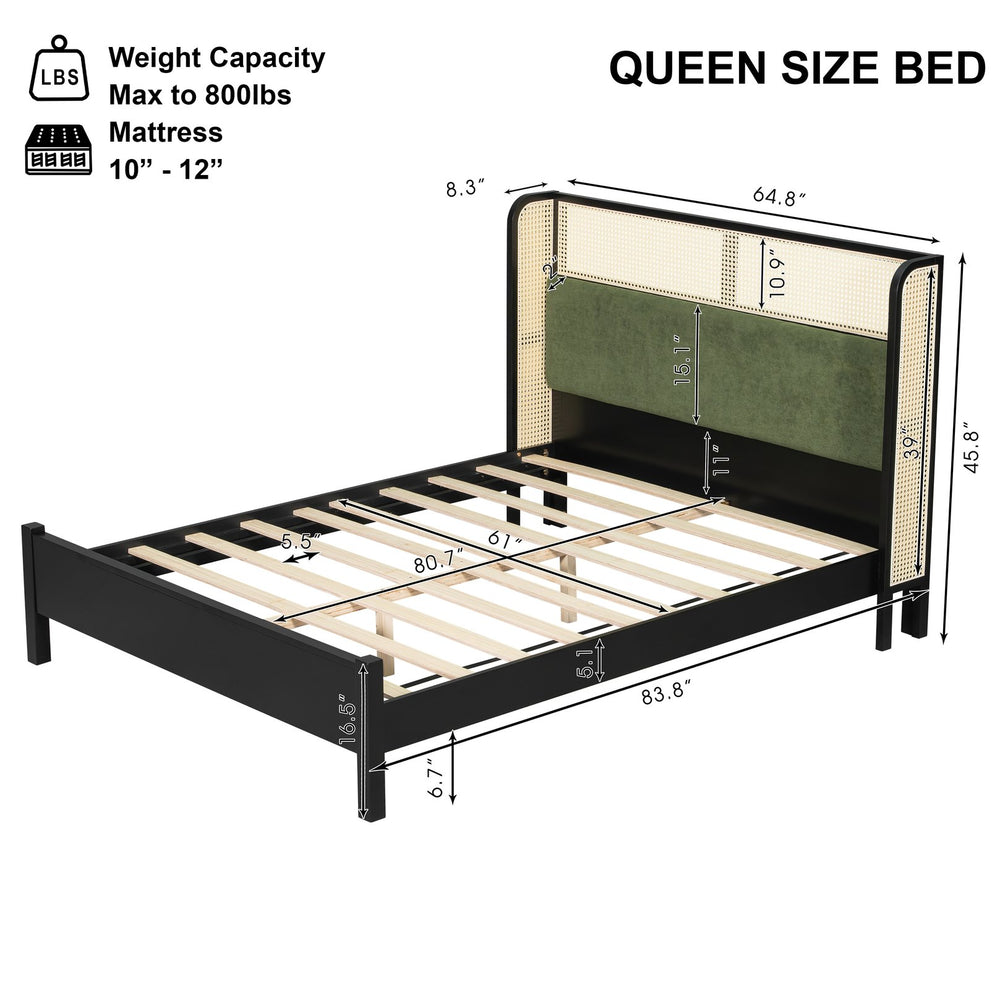English Elm Queen Platform Bed Solid Wood Frame Velvet Headboard Modern Minimalist Bedroom N770PQ375070B