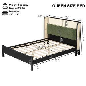 English Elm Queen Platform Bed Solid Wood Frame Velvet Headboard Modern Minimalist Bedroom N770PQ375070B