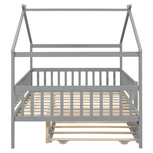 English Elm Full Size Pine House Bed with Roofline Frame and Roll Out Twin Trundle for Kids Gray LP100306AAE