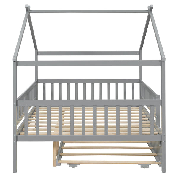 English Elm Full Size Pine House Bed with Roofline Frame and Roll Out Twin Trundle for Kids Gray LP100306AAE