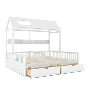 English Elm Double Twin House Bed Pine Wood Frame Kids Playhouse Bunk with Storage Drawers White W5305S00006