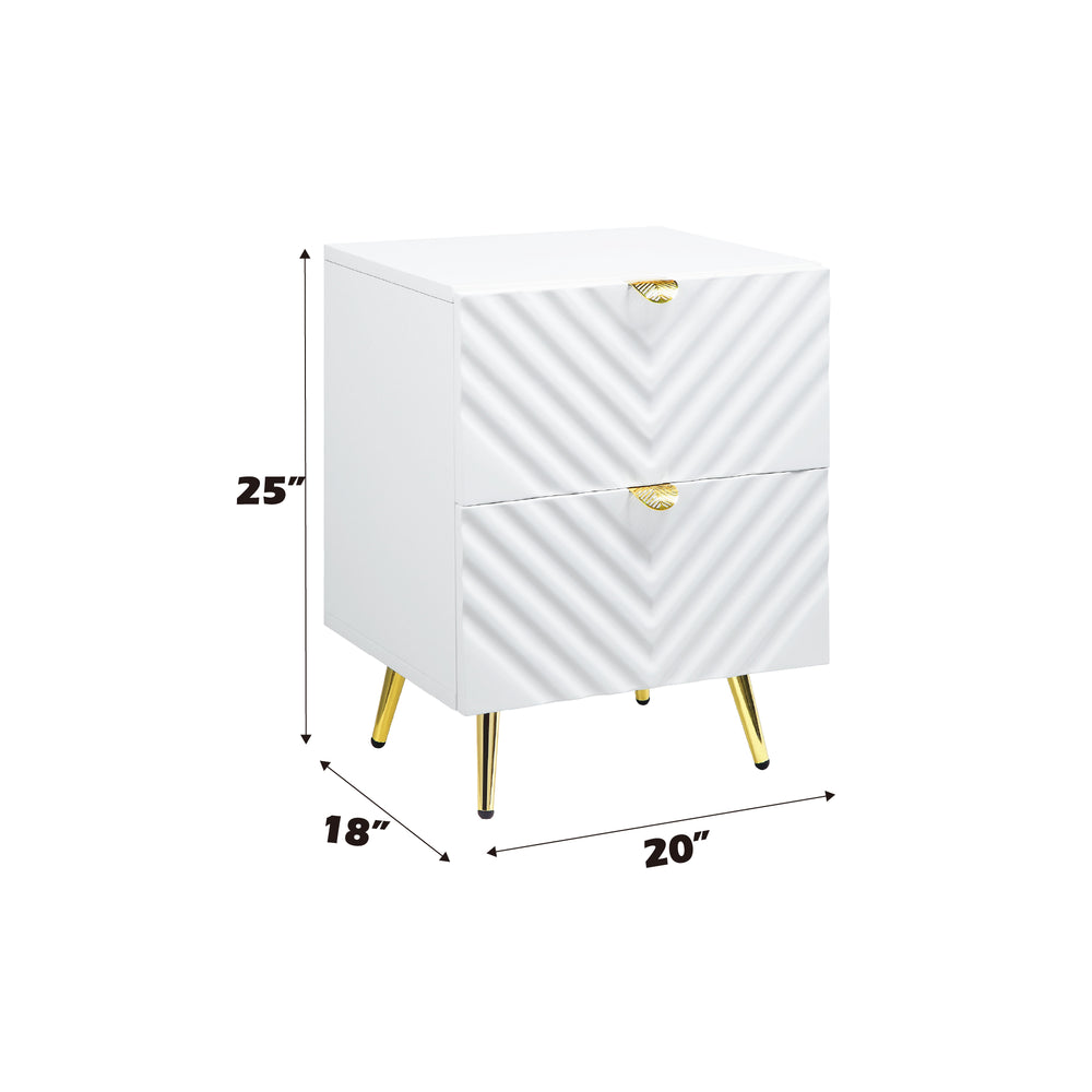 English Elm Gaines White High Gloss Nightstand with Wave Design, 2 Drawers, Metal Legs, Smooth Glide Storage B2726P256319