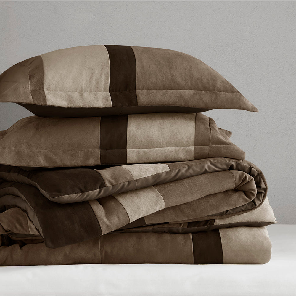 JLA Home Comfort Spaces - Pieced Faux Suede Comforter Set with Transitional Pieced Stripe Design, Lightweight Year-Round Warmth Brown AM10-0033