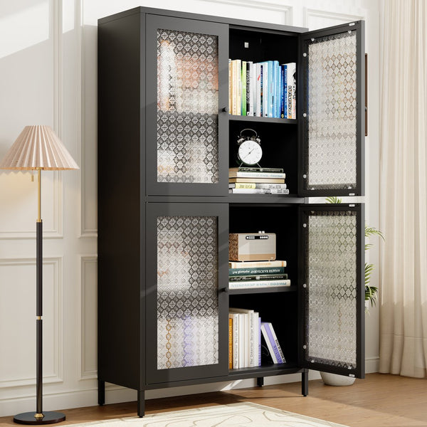 English Elm Classic Metal Storage Cabinet With 4 Glass Doors - Stylish Freestanding Bookcase For Any Room W2378P176269
