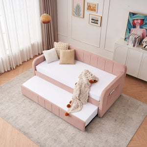English Elm Twin Upholstered Daybed with Trundle Sofa Bed for Guest Room, Pine Wood Frame, Velvet Upholstery, Sturdy Slat Support and Full-Length Comfort Pink W1361S00023