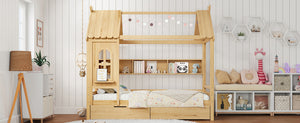 English Elm Twin House Platform Bed with Drawers & Shelves, Solid Wood Playhouse Frame for Kids, Cozy Design Natural W1580S00266