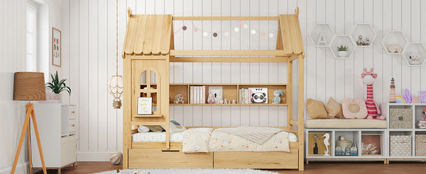English Elm Twin House Platform Bed with Drawers & Shelves, Solid Wood Playhouse Frame for Kids, Cozy Design Natural W1580S00266