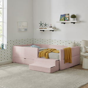 English Elm Twin Boucle Upholstered Kids Bed with Guardrails Built in Storage and Cushioned Step Stool Pink W1413P433365