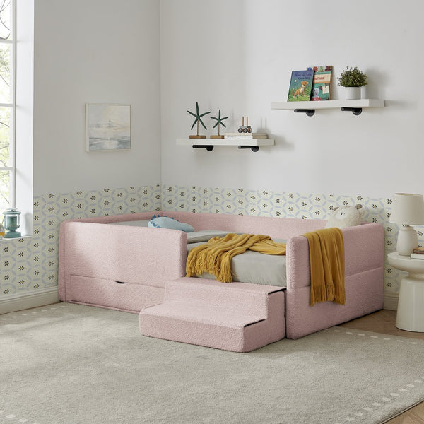 English Elm Twin Boucle Upholstered Kids Bed with Guardrails Built in Storage and Cushioned Step Stool Pink W1413P433365