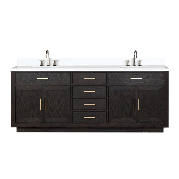 English Elm Black Oak Double Bath Vanity 84" W x 22" D with White Quartz Top, Chrome Gooseneck Faucets & Soft-Close B2731P260883