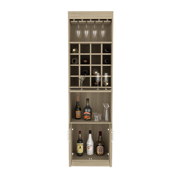 English Elm Being Kava Bar Cabinet 71" High Light Pine with 12 Glass Rack, Retractable Tray & 16 Bottle Cubbies B070S00097