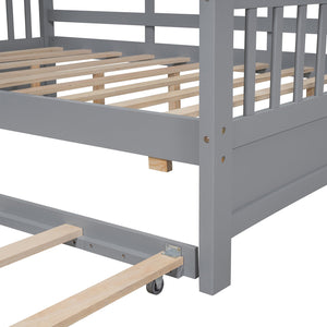English Elm Wooden Full Size House Bed with Trundle and Built-In Shelves — Modern Pine Frame, Whimsical Roof Design Gray 57.2 L x 16.25 W x 5.9 H N733S316125E