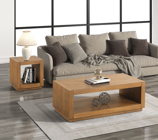 English Elm Square Contemporary End Table with Plinth Base and Open Shelf, Medium Oak Finish, 20" W x 22.1" H B2741P395381
