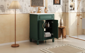 English Elm 24'' Bathroom Vanity with Sink - Solid Wood Frame, Glossy Ceramic Basin, Soft-Close Doors & Ample Storage Elegant Modern Design, Durable MDF Construction, Retro Metal Handles, Compact 24-inch Cabinet Green N710P317675F