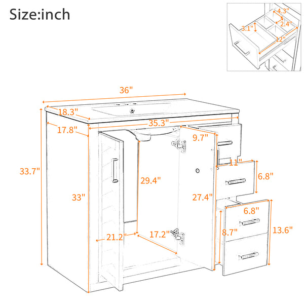 English Elm 36'' Bathroom Vanity with Ceramic Sink Combo Solid Wood Frame Soft-Closing Drawers Ample Storage Elegance Black N710P243327B