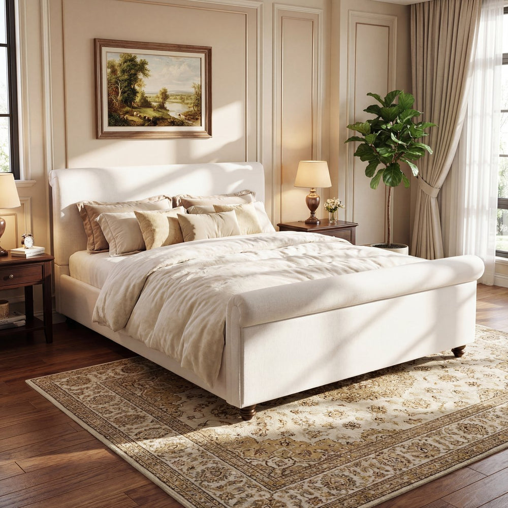 English Elm Queen Linen Upholstered Bed Frame Thick Rolled Headboard Solid Rubberwood Legs Bedroom White N757Q384827W