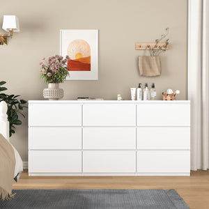 English Elm 9 Drawer Handleless White Matte Dresser Sleek Minimalist Storage for Bedroom or Hallway W409S00022
