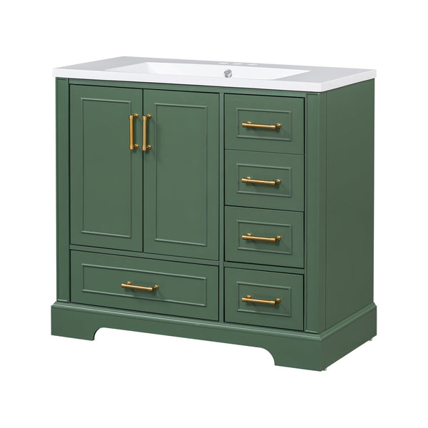 English Elm 36-inch Green Traditional Bathroom Vanity with Resin Sink, 2 Doors 4 Drawers, Gold Handles, Soft-Close hinges, 36"W x 18"D x 34"H SV000026AAF