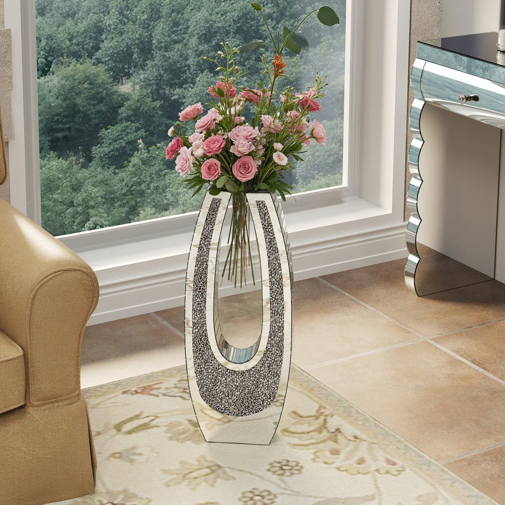 English Elm 24.01"u-shaped Mosaic Mirror Floor Vase Crushed Acrylic Faceted Glass Glam Entryway Accent W3836P379820