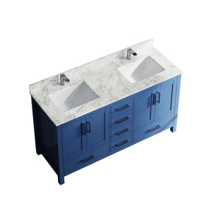English Elm 59" Double Basin Vanity Carrara Top Solid Wood Frame Vintage Legs 6 Drawer Blue T3785P383044