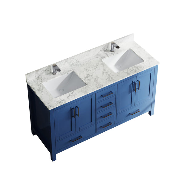 English Elm 59" Double Basin Vanity Carrara Top Solid Wood Frame Vintage Legs 6 Drawer Blue T3785P383044