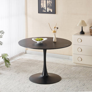 English Elm 42.1" Round Marble Look Pedestal Dining Table Mid Century Modern Seats Six Black W234P453954