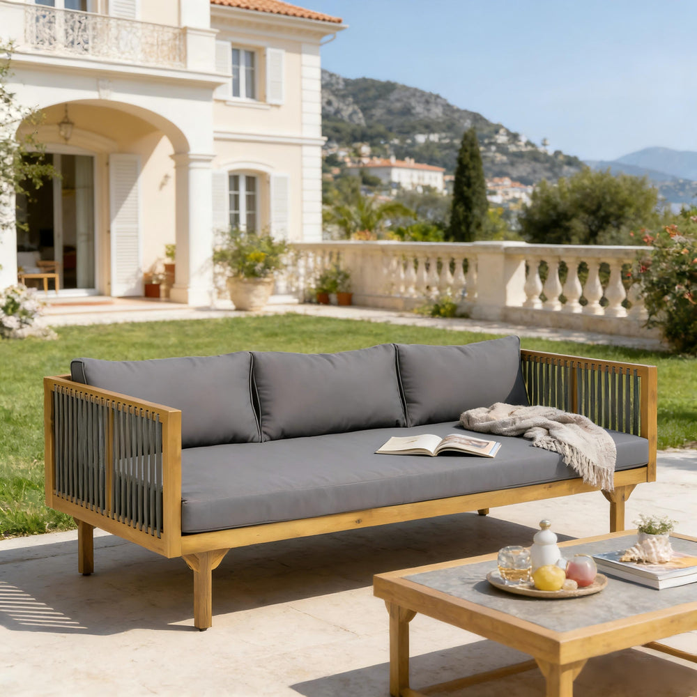 English Elm Outdoor Acacia Wood Sofa with Woven Rope Accents Teak Finish Patio Seating Dark Grey,Grey,Teak N770P354675A