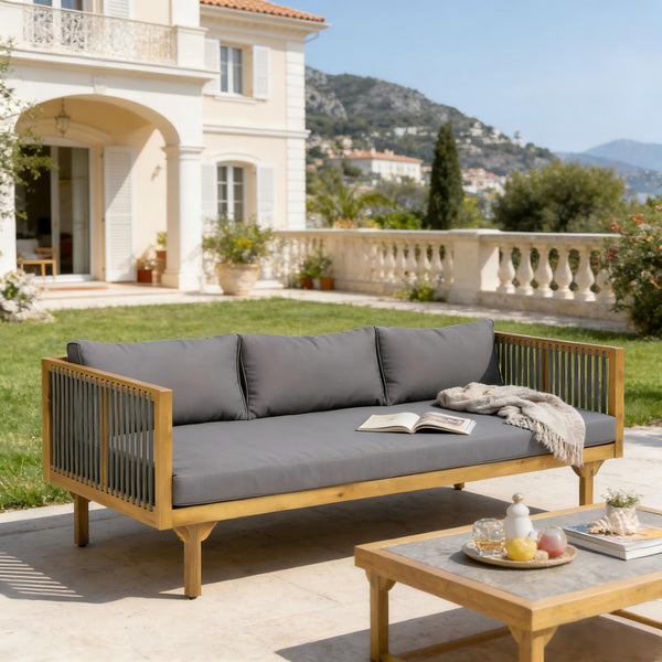 English Elm Outdoor Acacia Wood Sofa with Woven Rope Accents Teak Finish Patio Seating Dark Grey,Grey,Teak N770P354675A