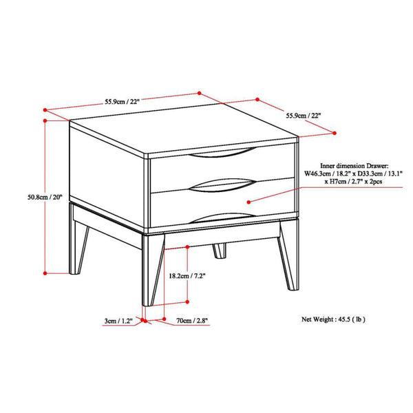 English Elm Harper Teak End Table with Two Drawers — Handcrafted Solid Rubberwood, Mid-Century Contemporary Finish B136P203436
