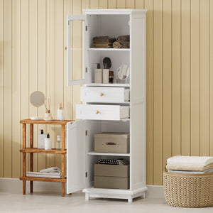 English Elm 63" Tall Bathroom Vanity Cabinet with Glass Doors, Two Drawers and Adjustable Shelves for Stylish Storage White N729P171305K