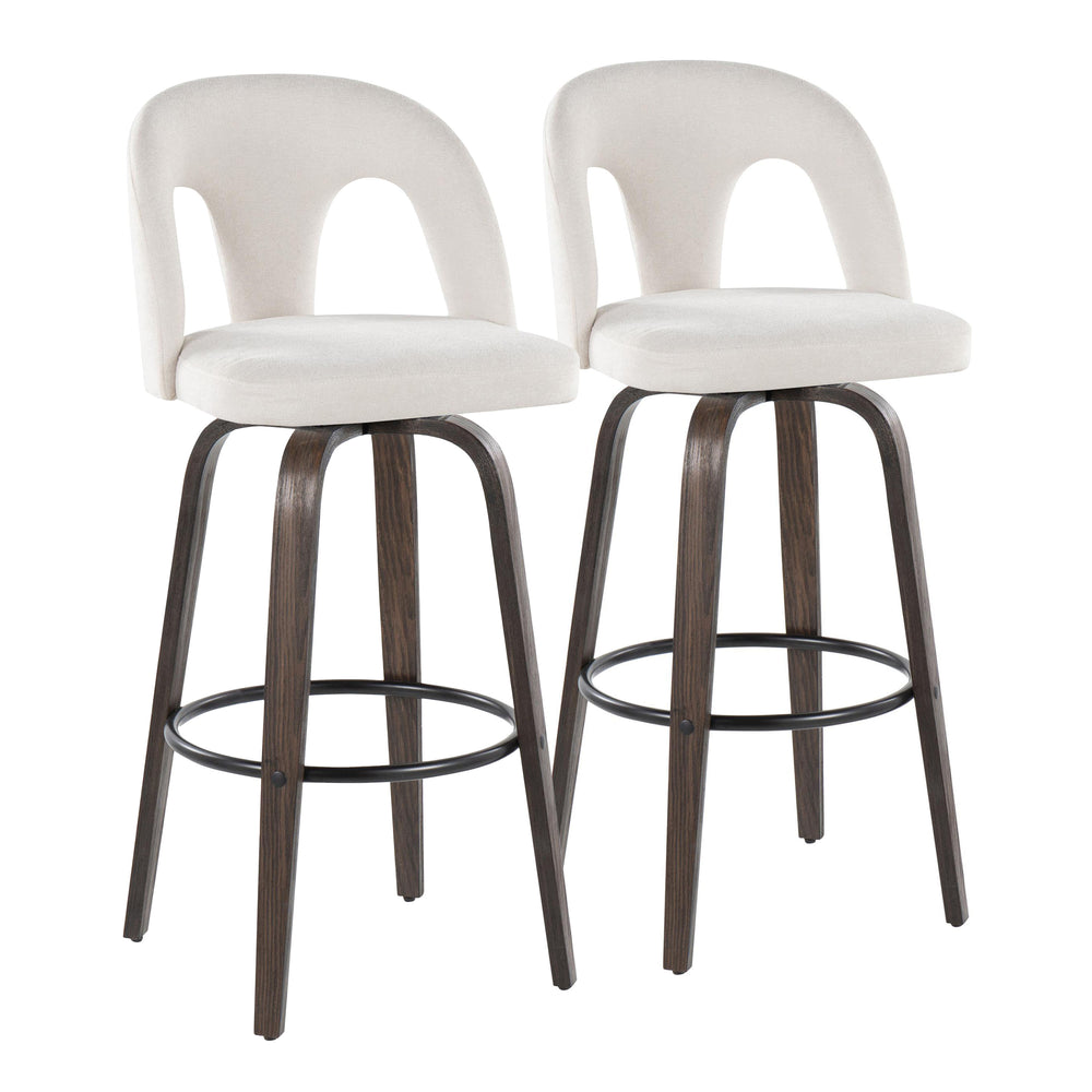 English Elm Fixed-height Swivel Barstools Walnut Bentwood Frame White Upholstered Seat Set of 2 B202S01875