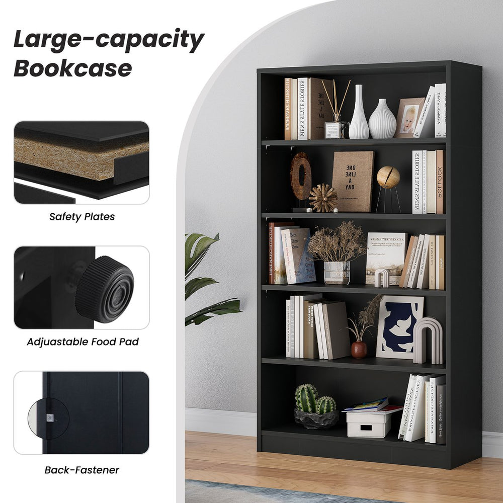 English Elm 5 Shelf Modern Wood Bookshelf - 60" Tall Black Bookcase, 105 lb Shelves, Tip‑Over Safe, Waterproof Durable Organizer T3623P379673
