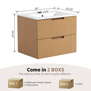 English Elm 24 Inch Floating Bathroom Vanity With Ceramic Sink - Modern Wall-Mounted Storage Cabinet In Light Brown W1550S00034