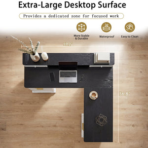 English Elm 59" Fluted Oak L-shaped Corner Desk with Charging Station Monitor Stand and File Storage White W2917S00004