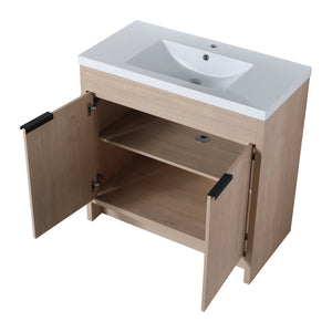 English Elm 36 Inch Freestanding Vanity with White Resin Sink, Soft-Close Doors, Adjustable Shelf, Water-Resistant Finish W999S00277