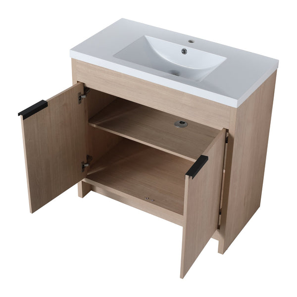 English Elm 36 Inch Freestanding Vanity with White Resin Sink, Soft-Close Doors, Adjustable Shelf, Water-Resistant Finish W999S00277