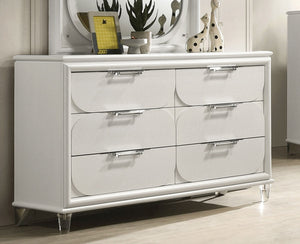 English Elm Contemporary Glam Acrylic-Handled 6-Drawer Dresser with Embossed Panels, Felt-Lined Jewelry Drawer White 57 L x 20 W x 35 H B2741P353128