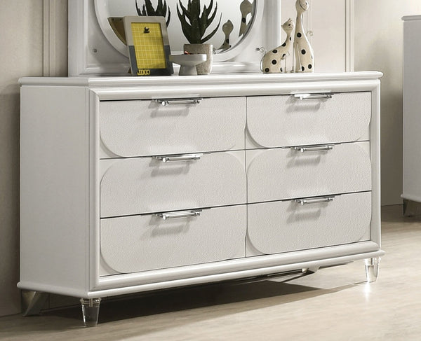 English Elm Contemporary Glam Acrylic-Handled 6-Drawer Dresser with Embossed Panels, Felt-Lined Jewelry Drawer White 57 L x 20 W x 35 H B2741P353128