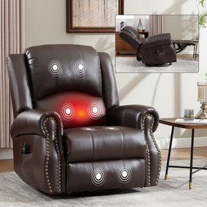 English Elm Heat Massage Rocker Swivel Recliner Chair with Lumbar Relief Nodes for Living Room Brown W3224S00031