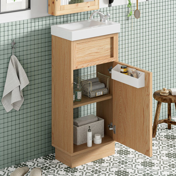 English Elm 15.75" Rustic Bathroom Vanity with Reversible Resin Sink, Soft-Close Door, Adjustable Shelf, Compact Elegance N729P285513N