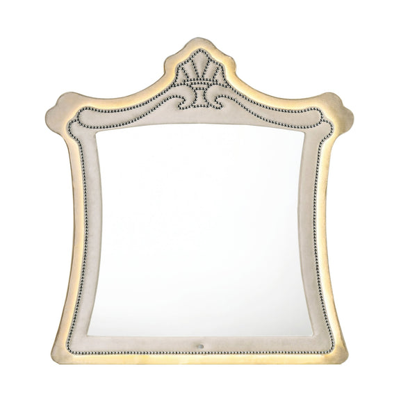 English Elm Lucienne Beige Velvet Mirror with LED Lighting, Contemporary 30"x32" Inner Mirror, Luxe Upholstery B2726P353928