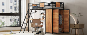 English Elm Twin Loft Bed with L-Shaped Desk and Wardrobe — Space-Saving Iron & Wood Design for Study & Storage Black SF000168AAB